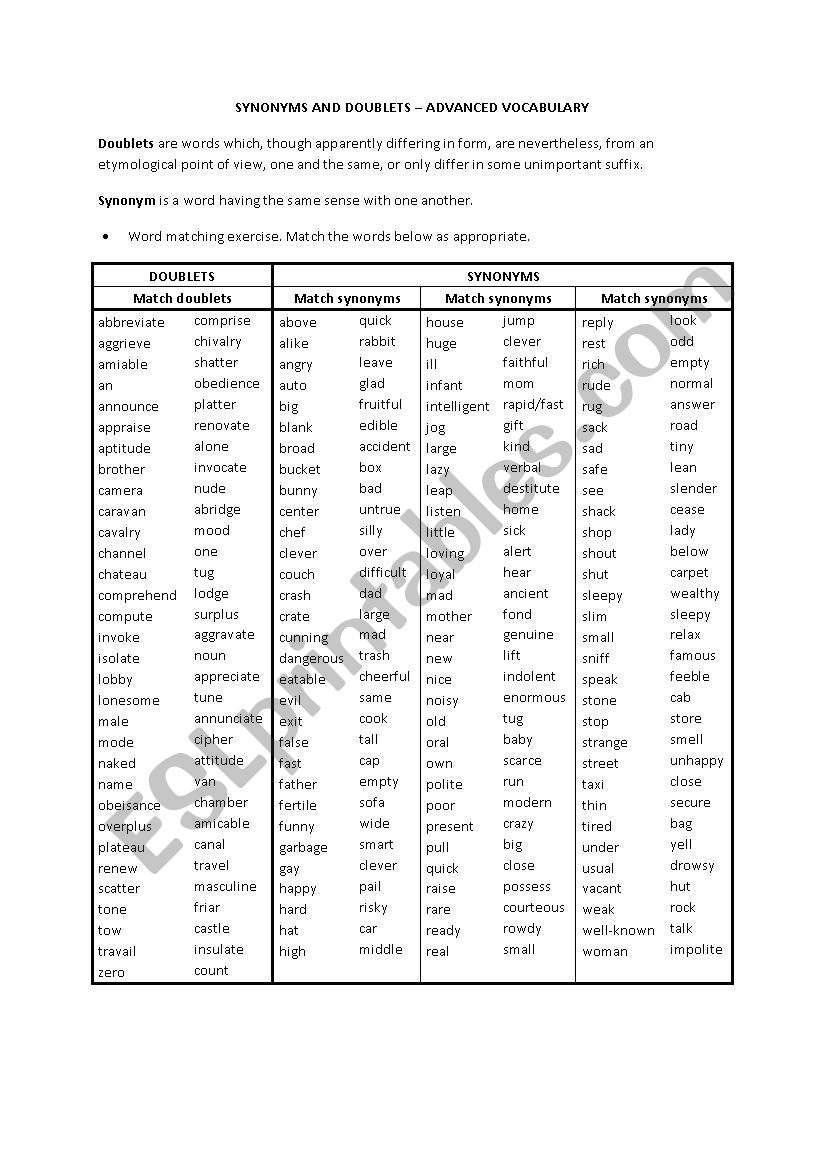 SYNONYMS AND DOUBLETS worksheet