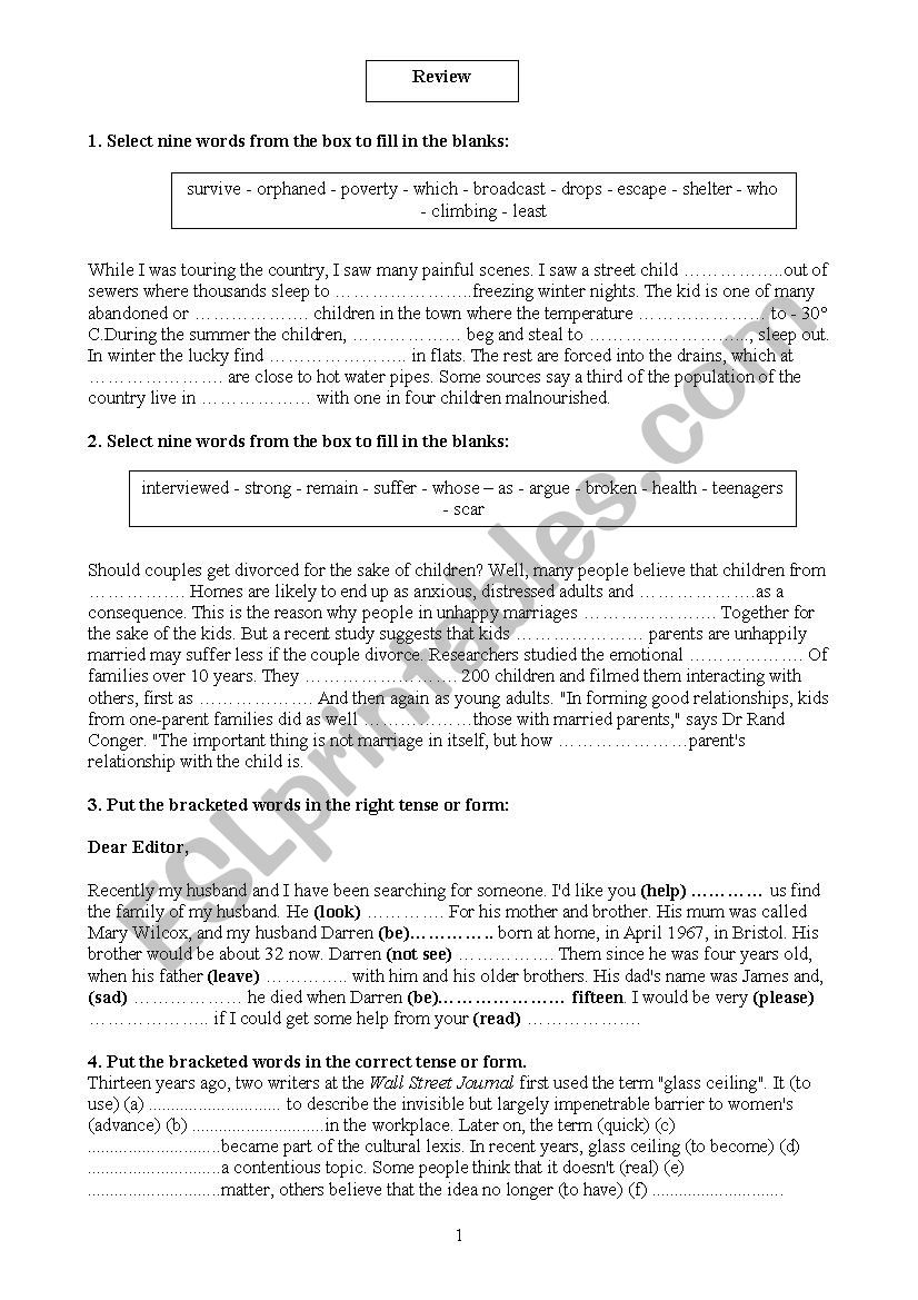 revision 4th form  worksheet