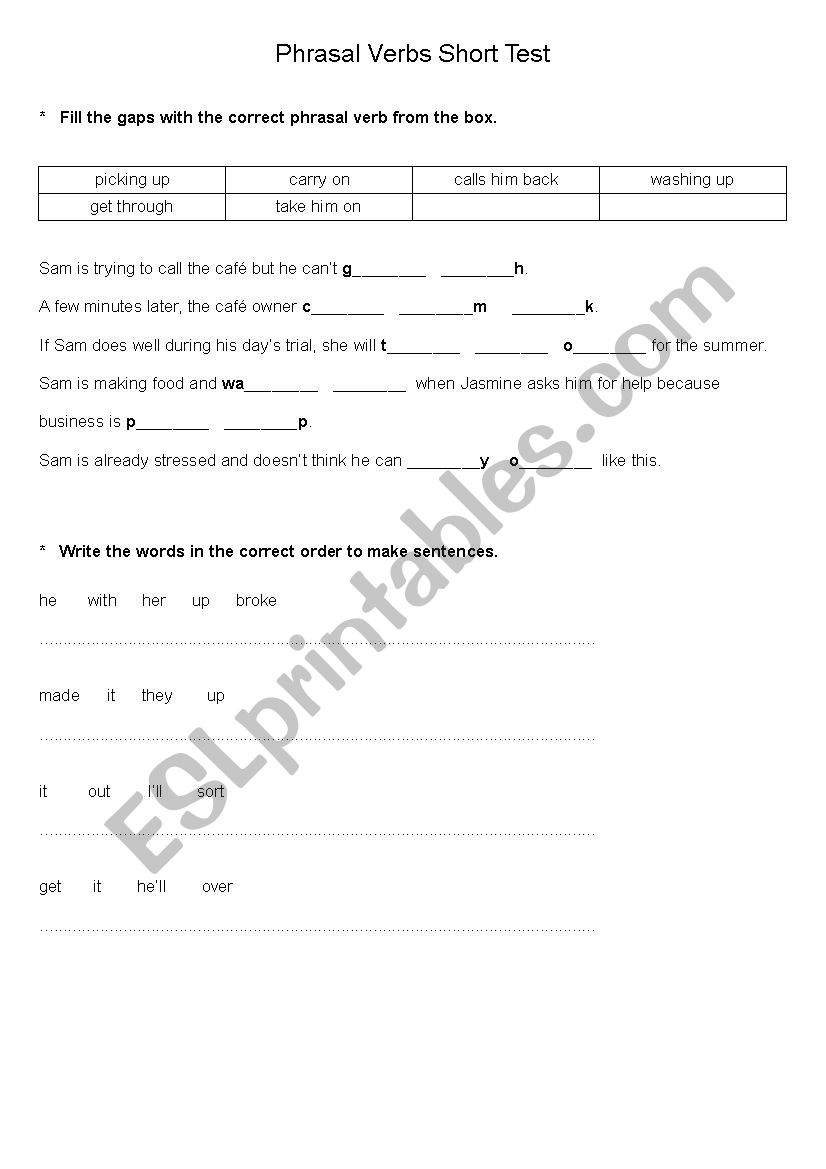 Phrasal verbs short test worksheet