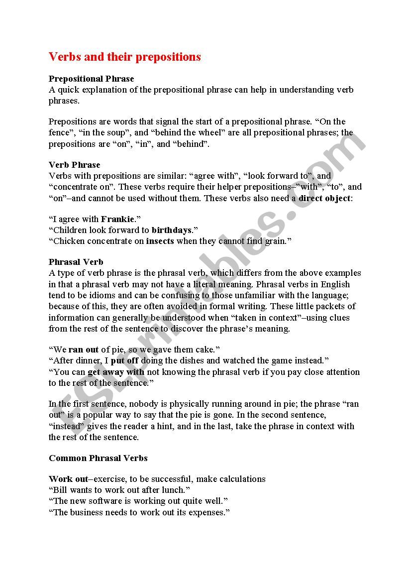 Verbs and their prepositions worksheet