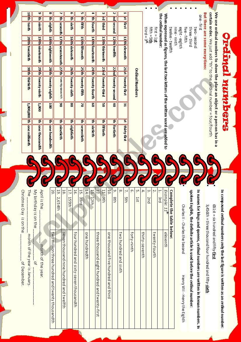 ORDINAL NUMBERS worksheet