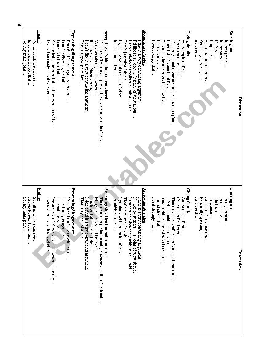 Discussion phrases worksheet