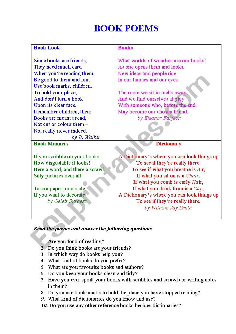 Book Poems 2 worksheet
