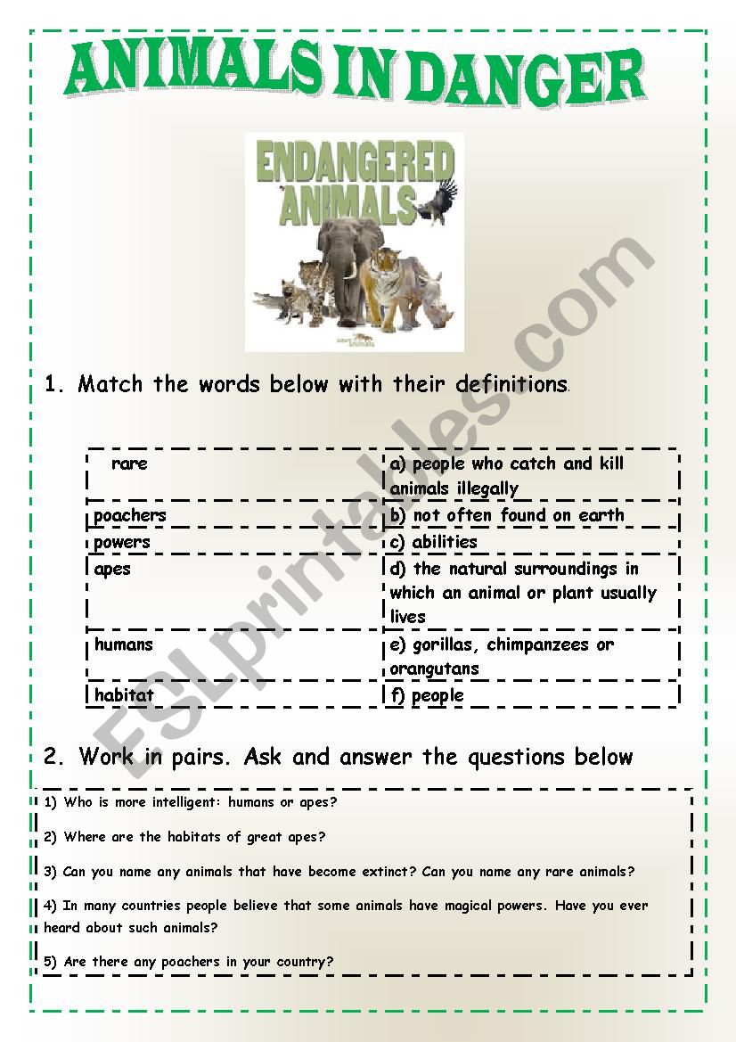 Animals in danger worksheet