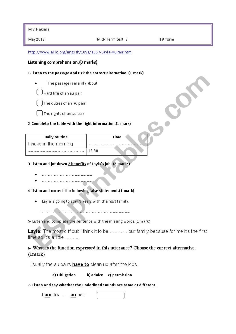 Mid-term test 3 1st form worksheet