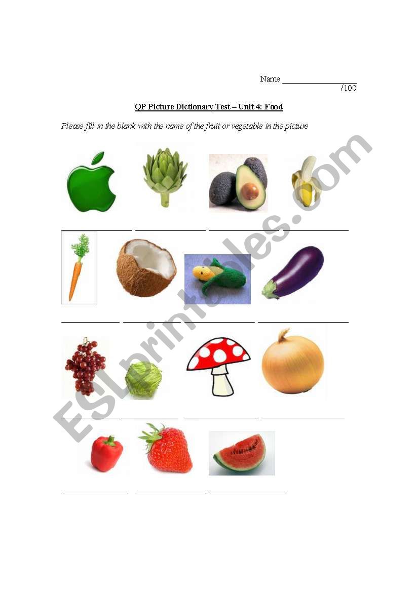 Food Words Test worksheet