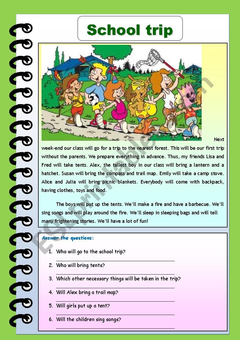 school trip worksheet