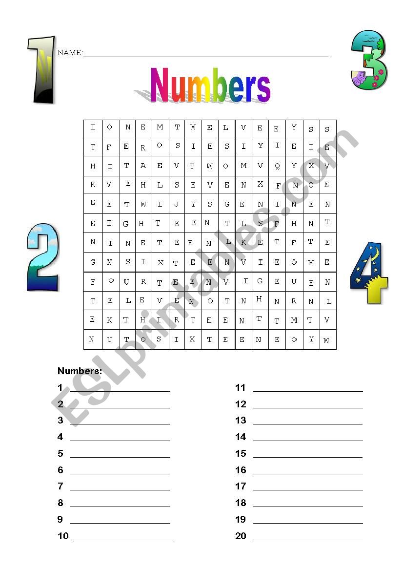 Numbers wordsearch worksheet