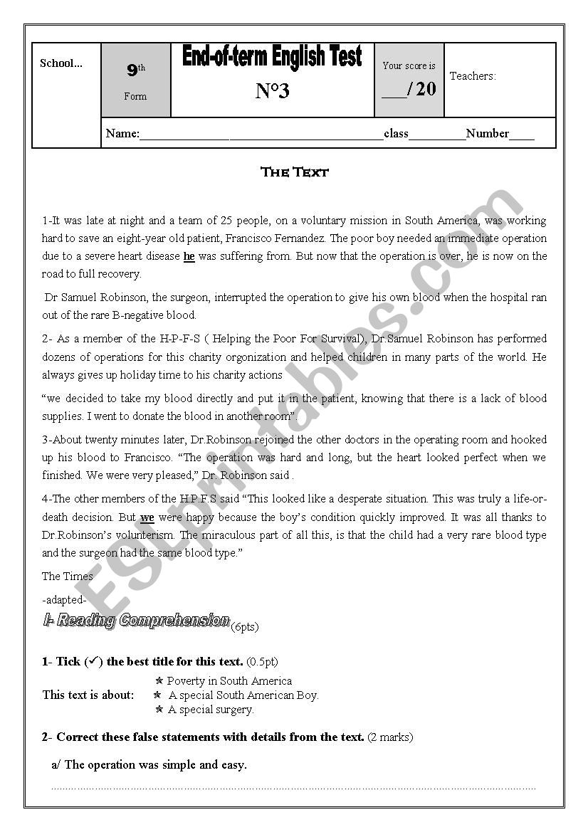 9th form test Tunisian program