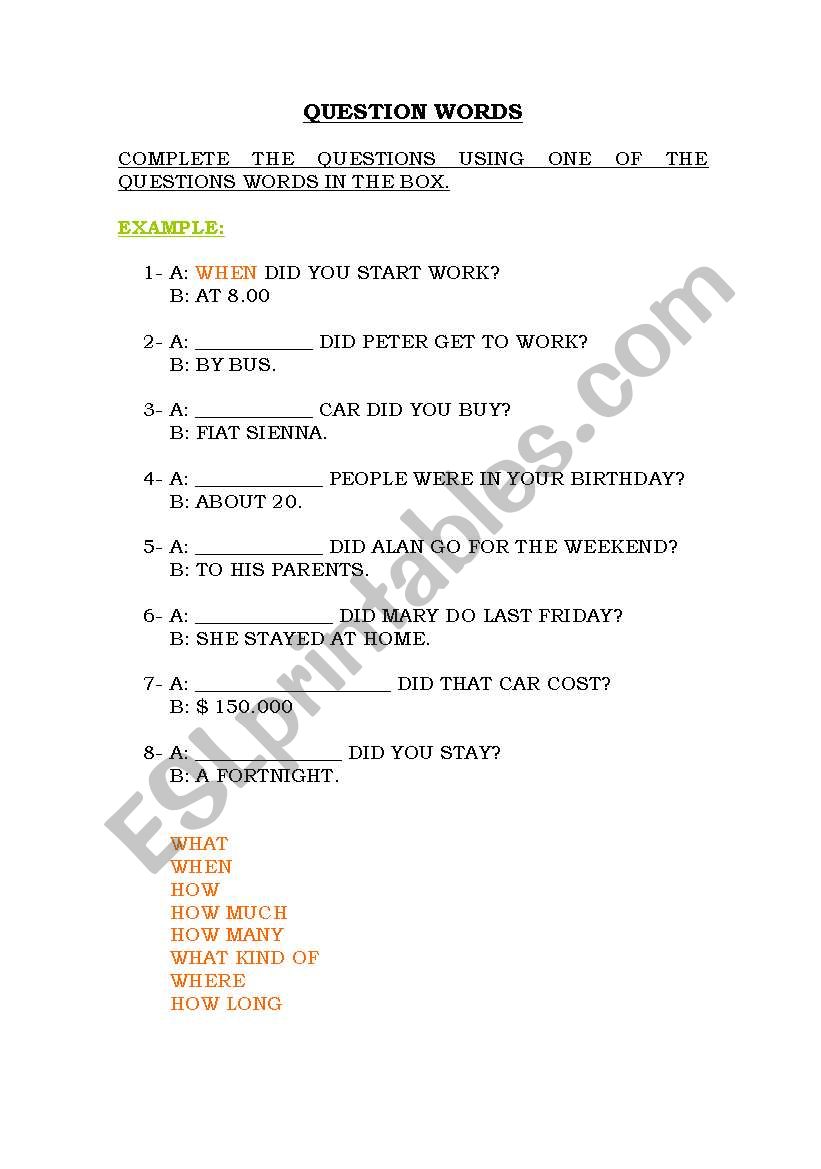 QUESTION WORDS worksheet