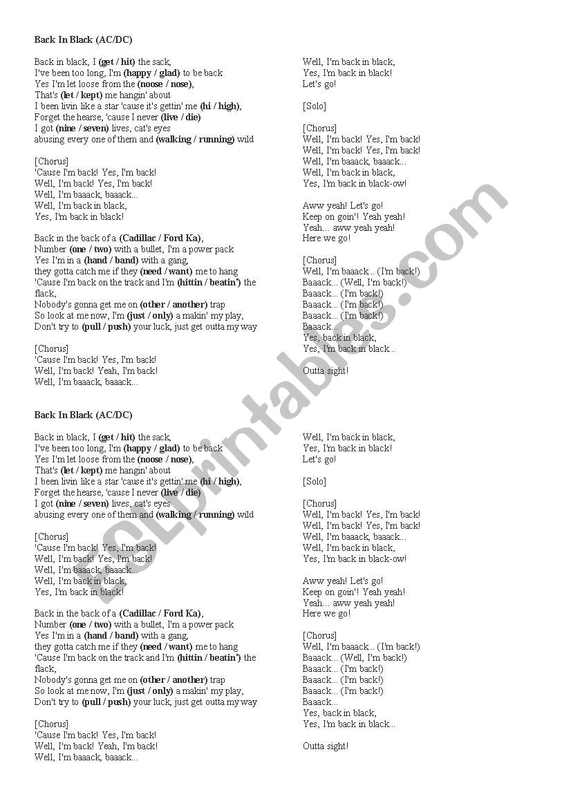 Back in black by AC/DC worksheet