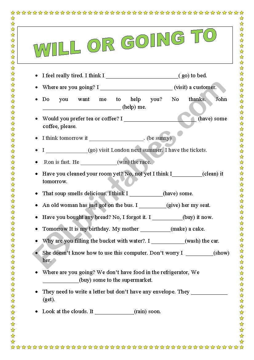 WILL OR GOING TO worksheet