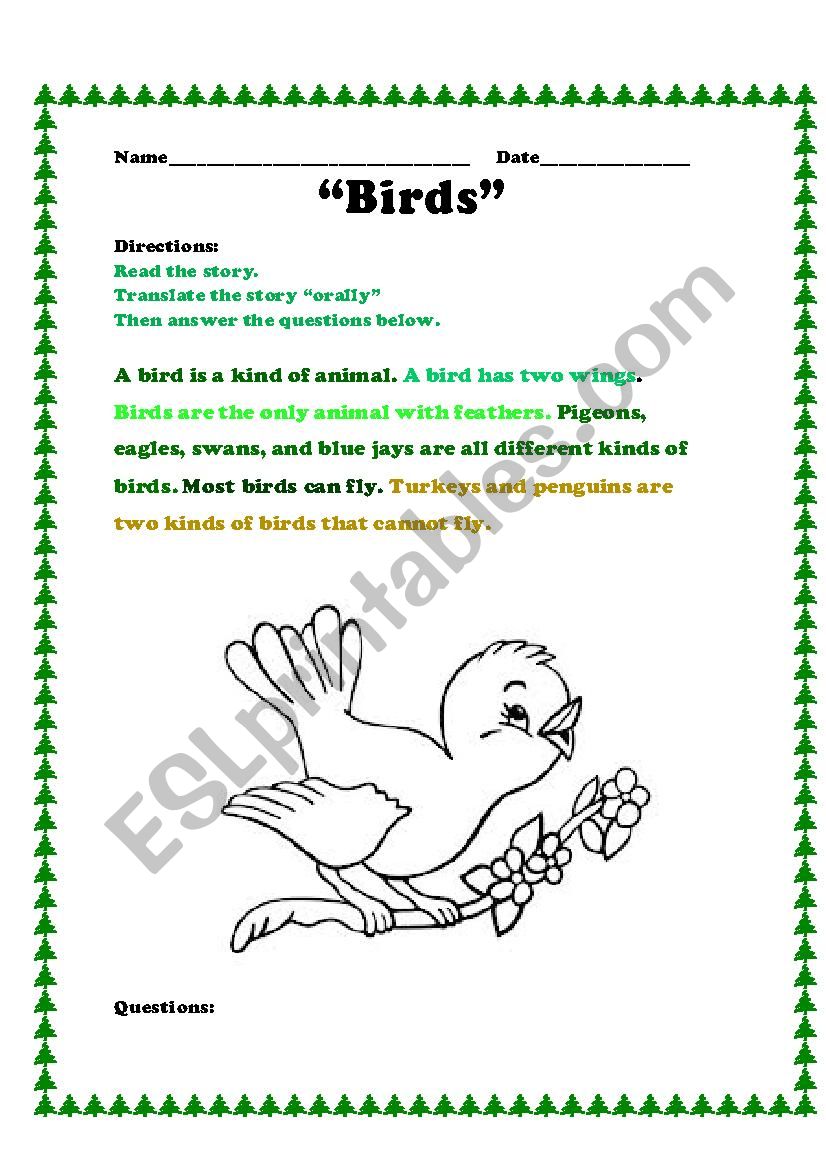 Birds- Reading comprehension worksheet