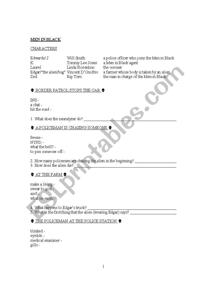 Men in Black movie worksheet worksheet