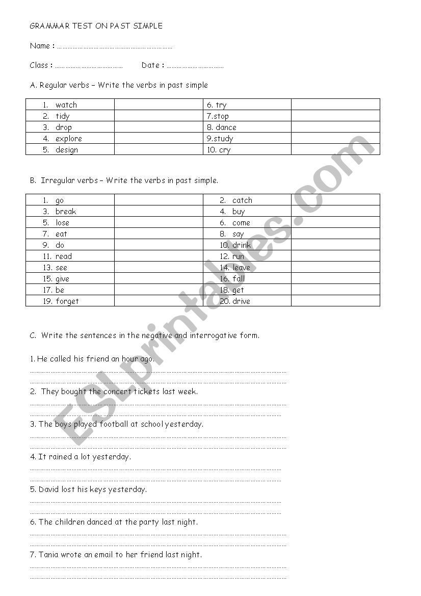 past simple test worksheet