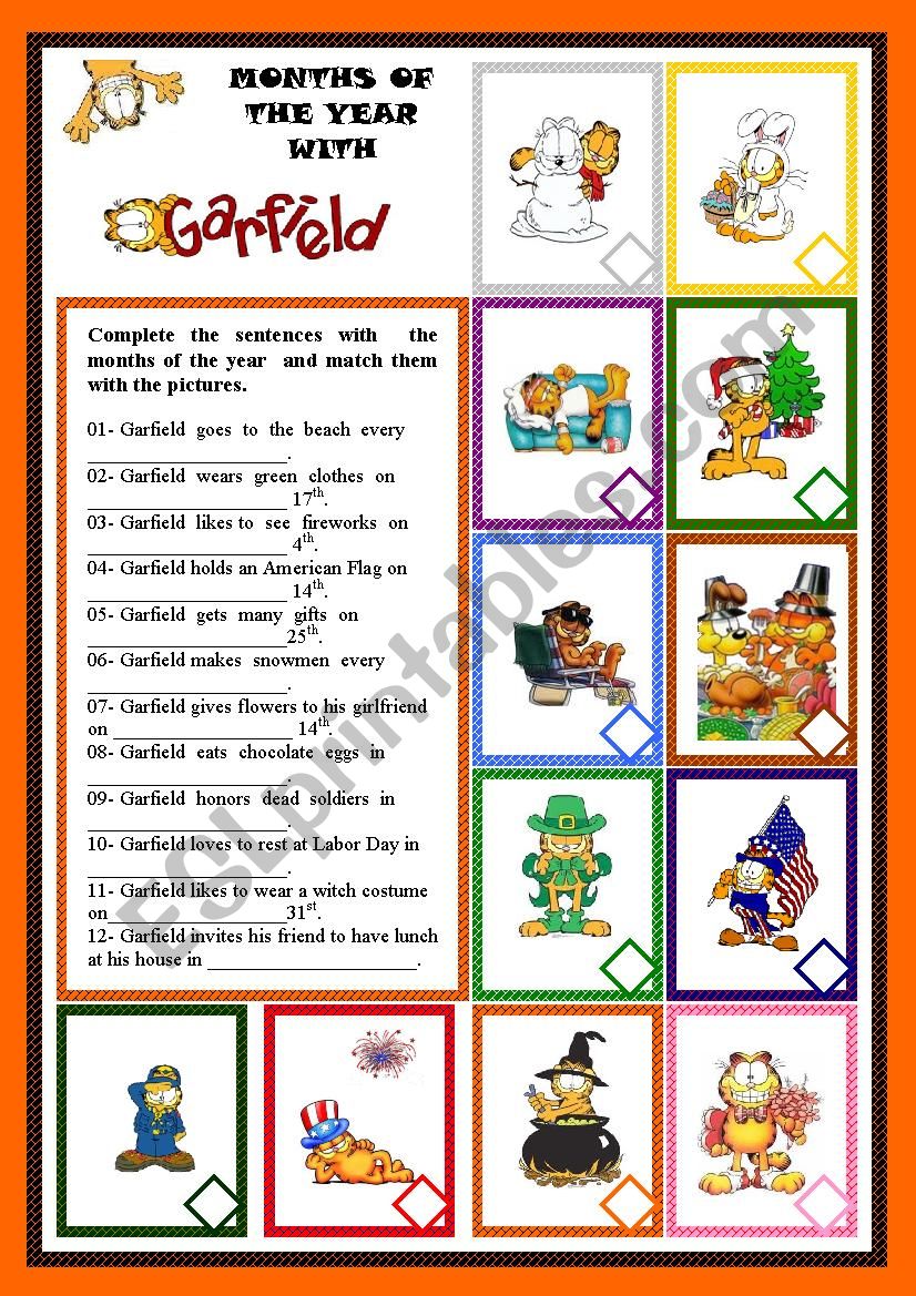MONTHS OF THE YEAR WITH GARFIELD  KEY INCLUDED - EDITABLE
