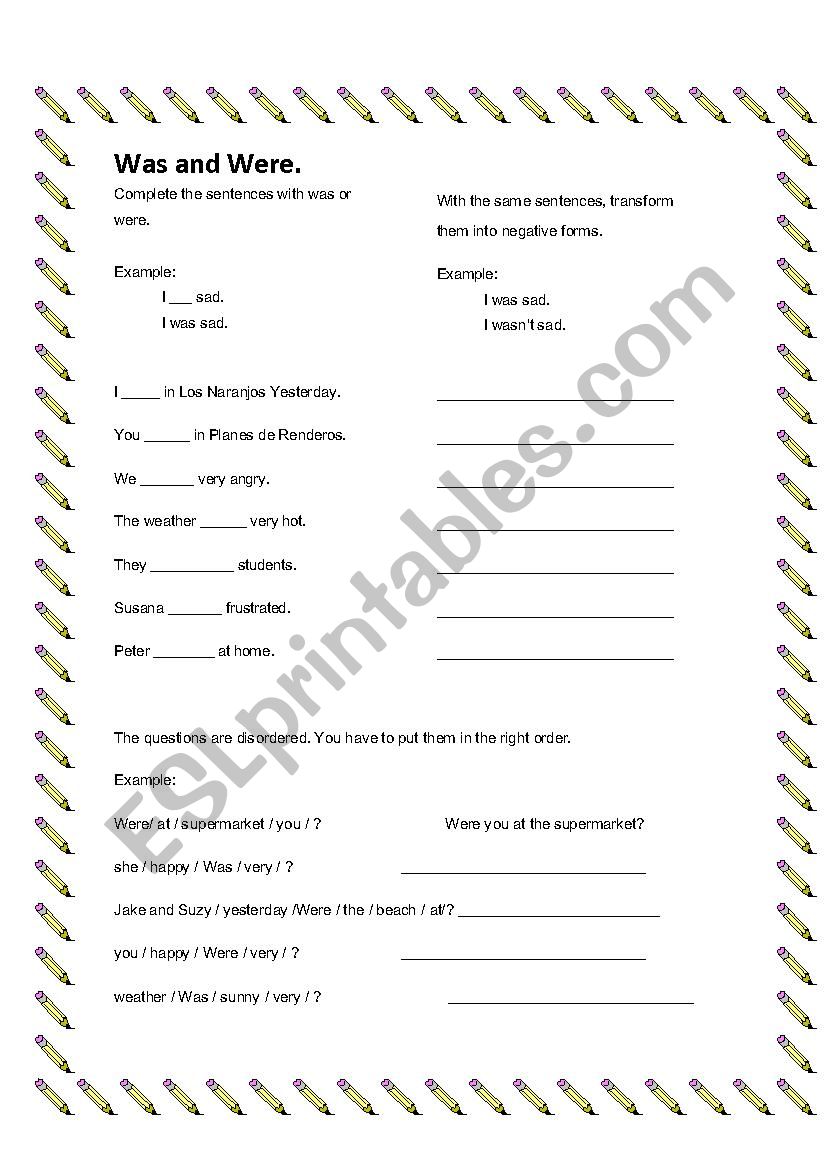 Was and were practicea worksheet