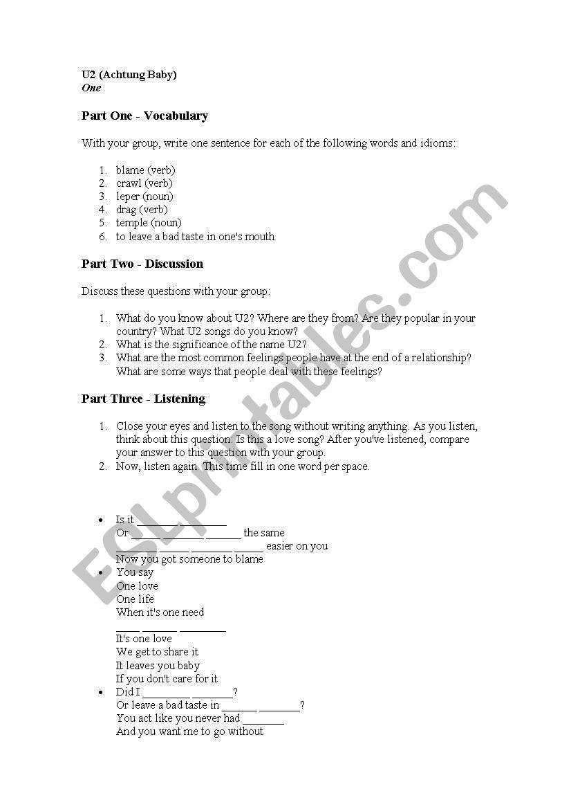 one by u2 worksheet