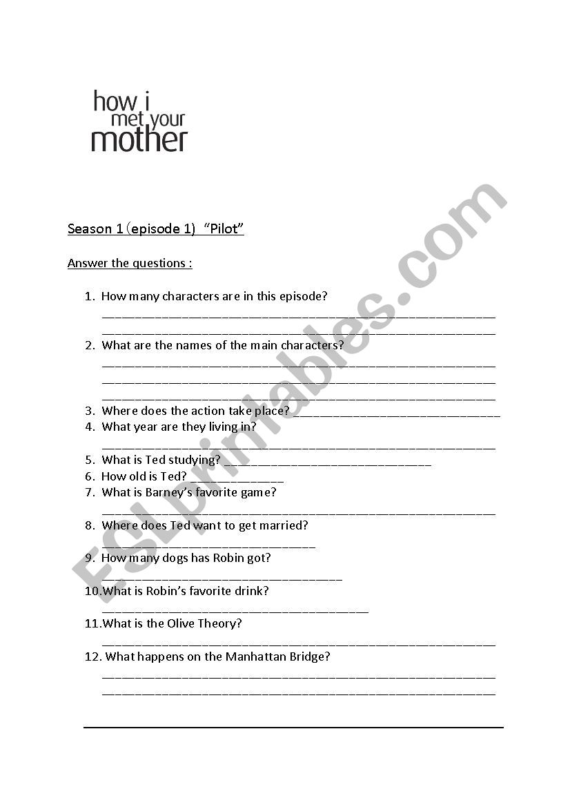 How I Met Your Mother Worksheet - Season 1 Episode 1