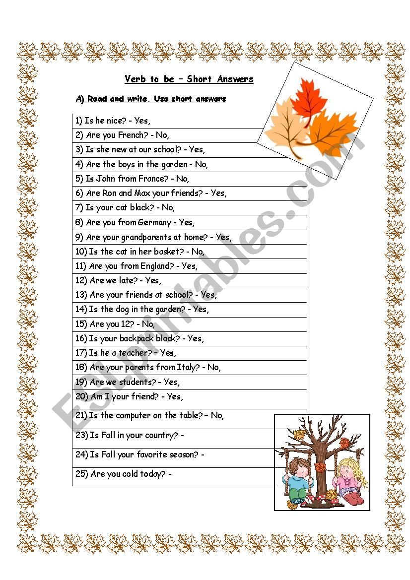 Verb to be. SHORT ANSWERS worksheet
