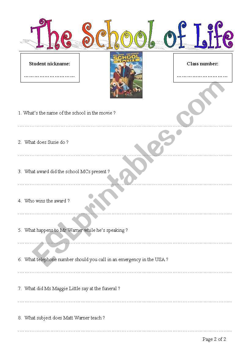 School of Life worksheet