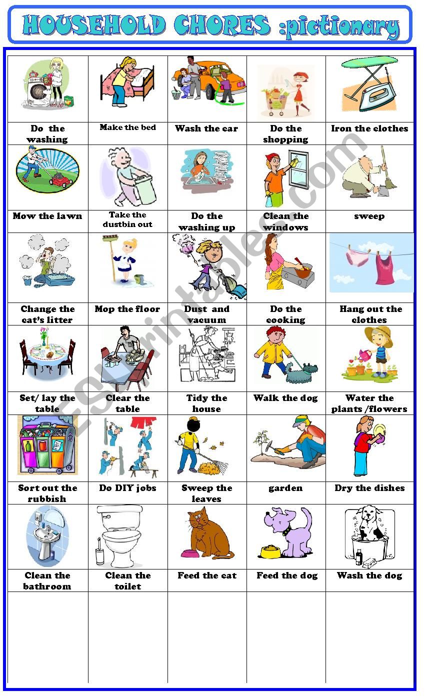 household chores:pictionary worksheet