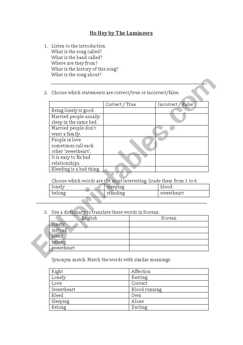 Lumineers worksheet