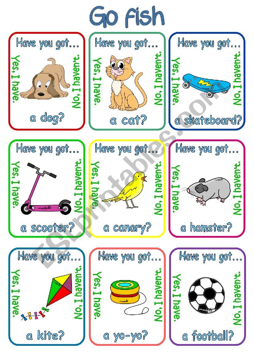 Go fish - Have you got..?/Has she got ...?/Has he got ...? + pets & toys (1/3)