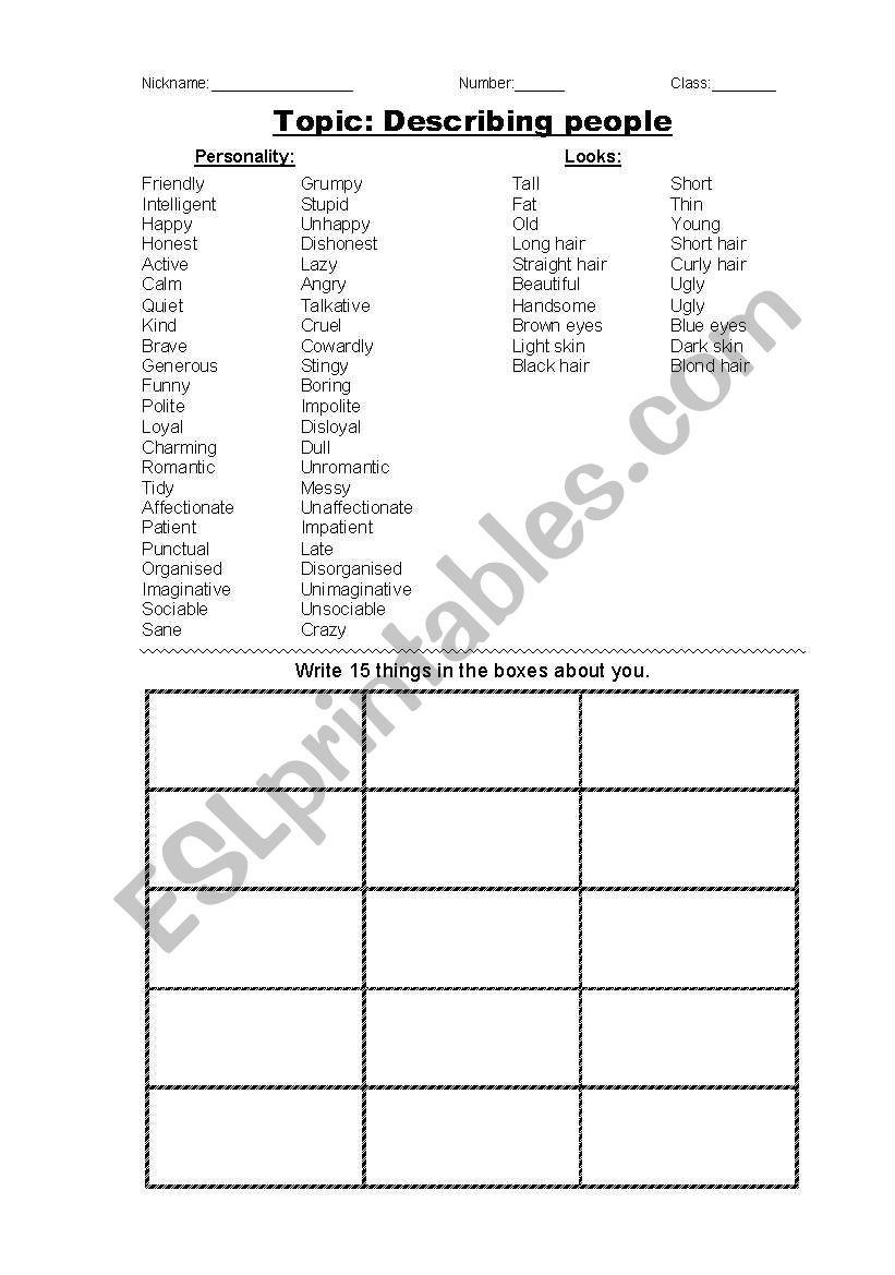 Personality Bingo worksheet