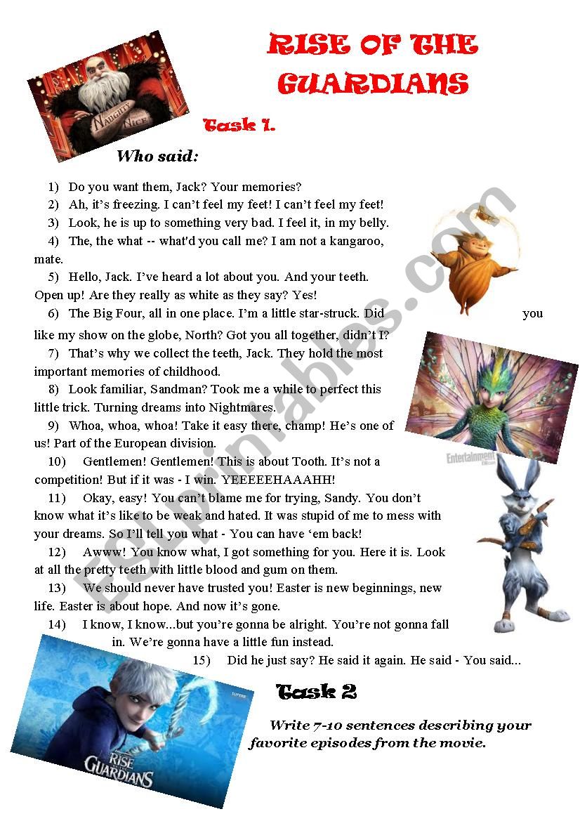 RISE OF THE GUARDIANS worksheet