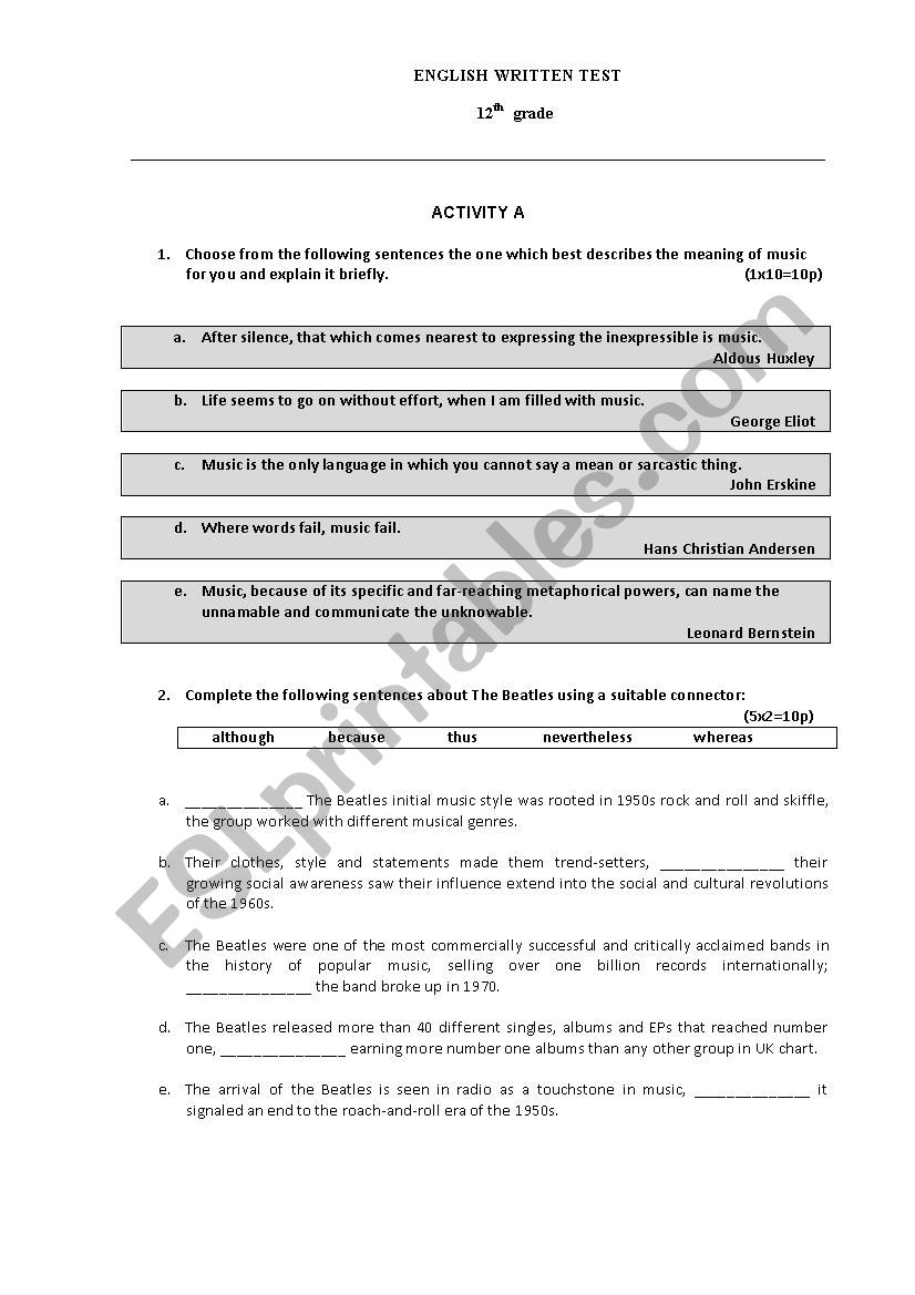 The Rock and Roll years worksheet