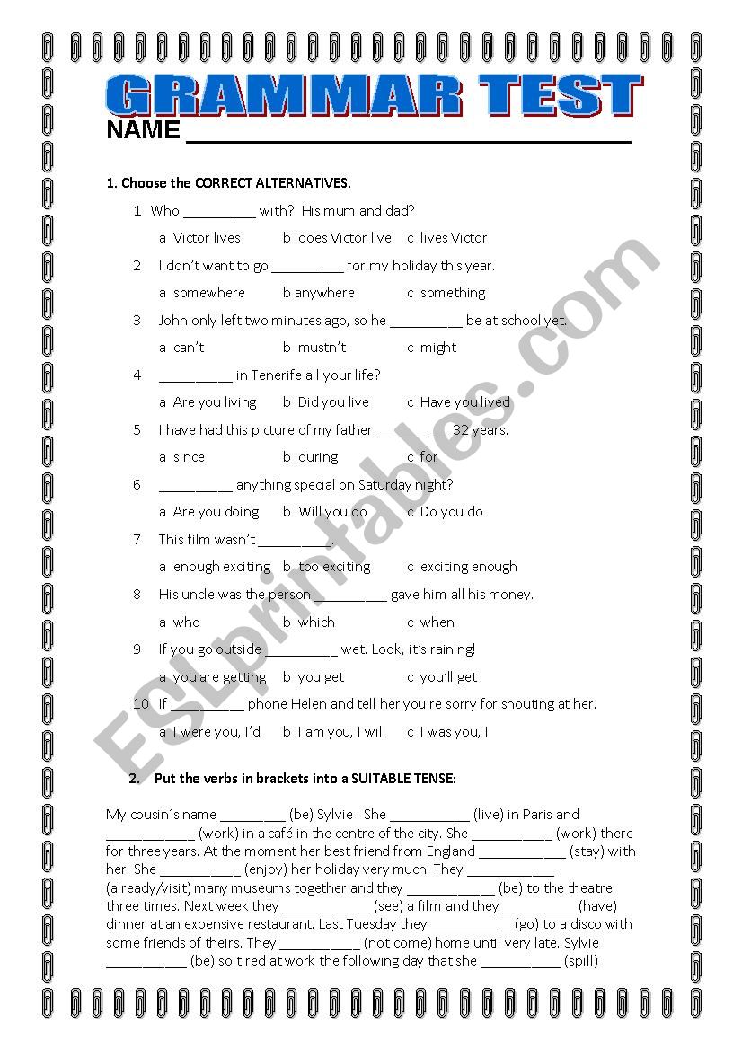 GRAMMAR TEST FOR INTERMEDIATE STUDENTS