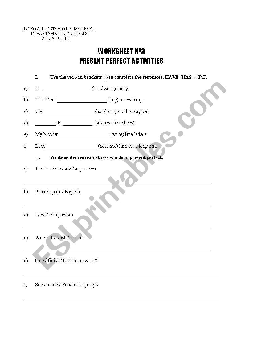 PRESENT PERFECT ACTIVITIES worksheet