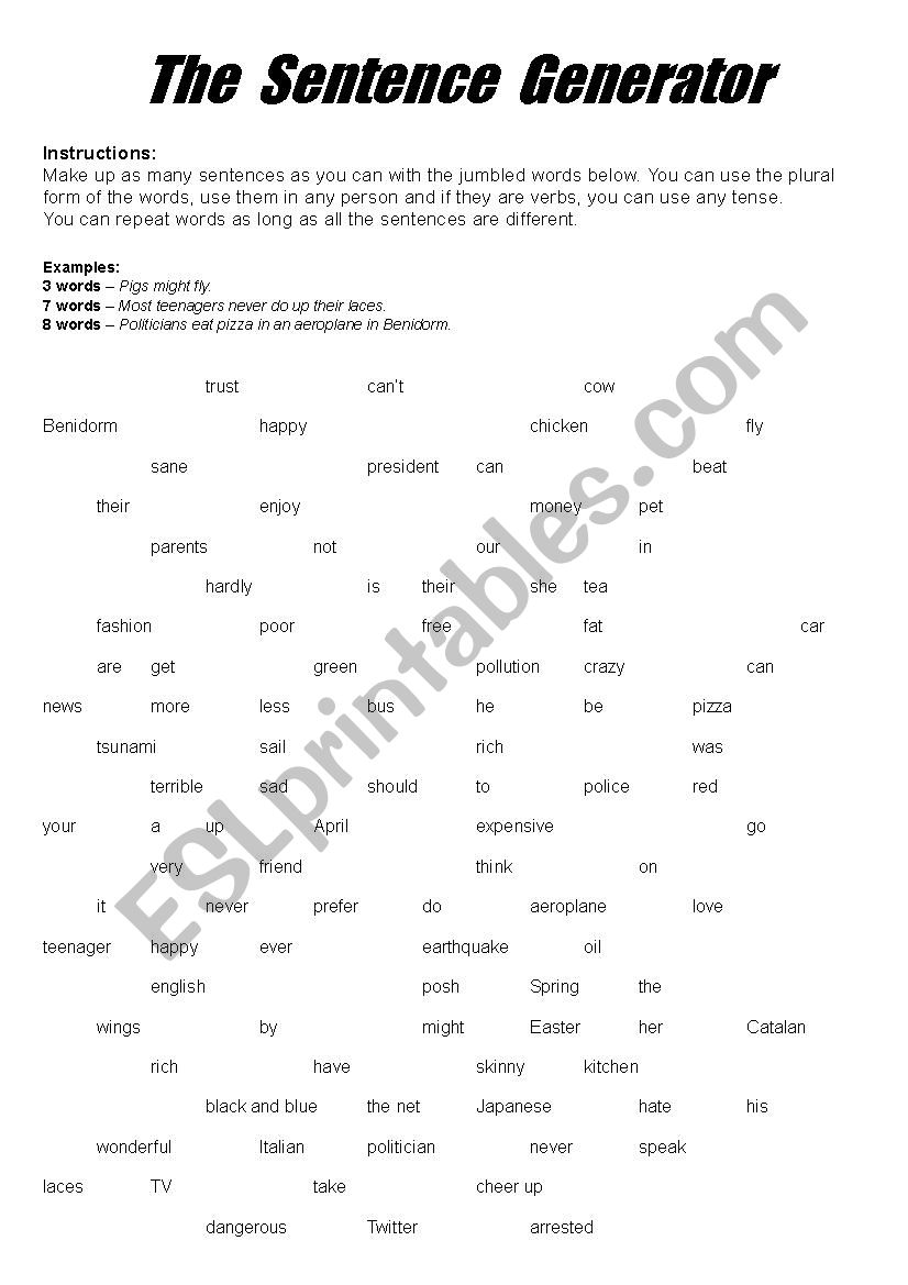 The Sentence Generator worksheet