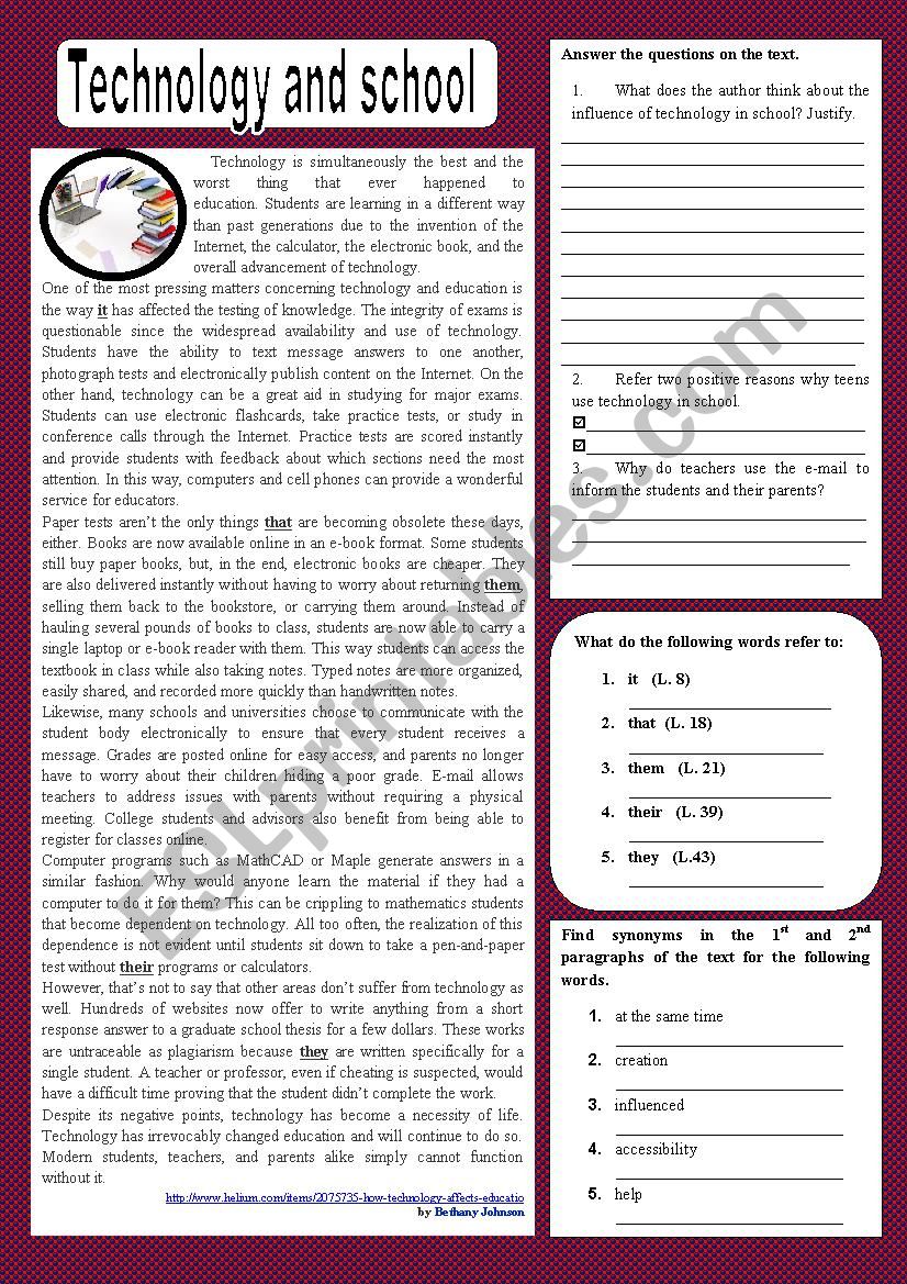 Technology in school worksheet