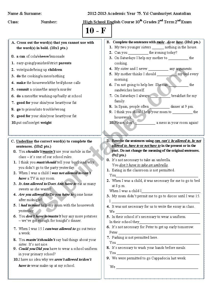 exam worksheet