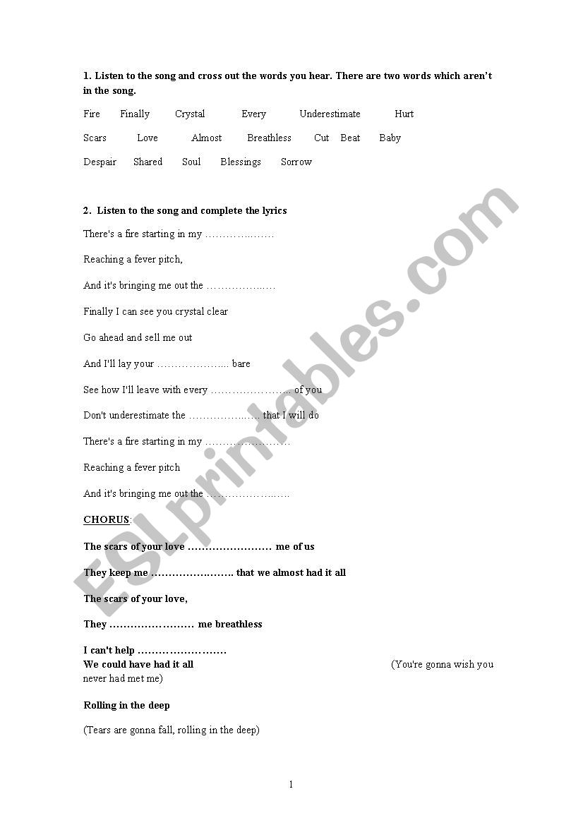 Rolling in the Deep - Adele music worksheet