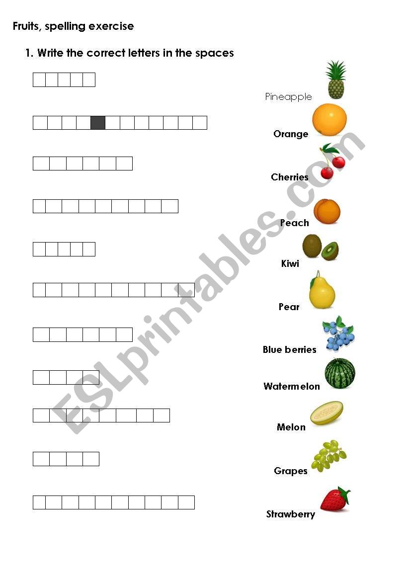 Fruits, spelling exercise worksheet