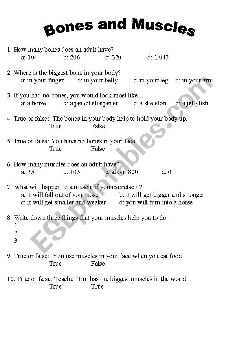 Bones and Muscles worksheet