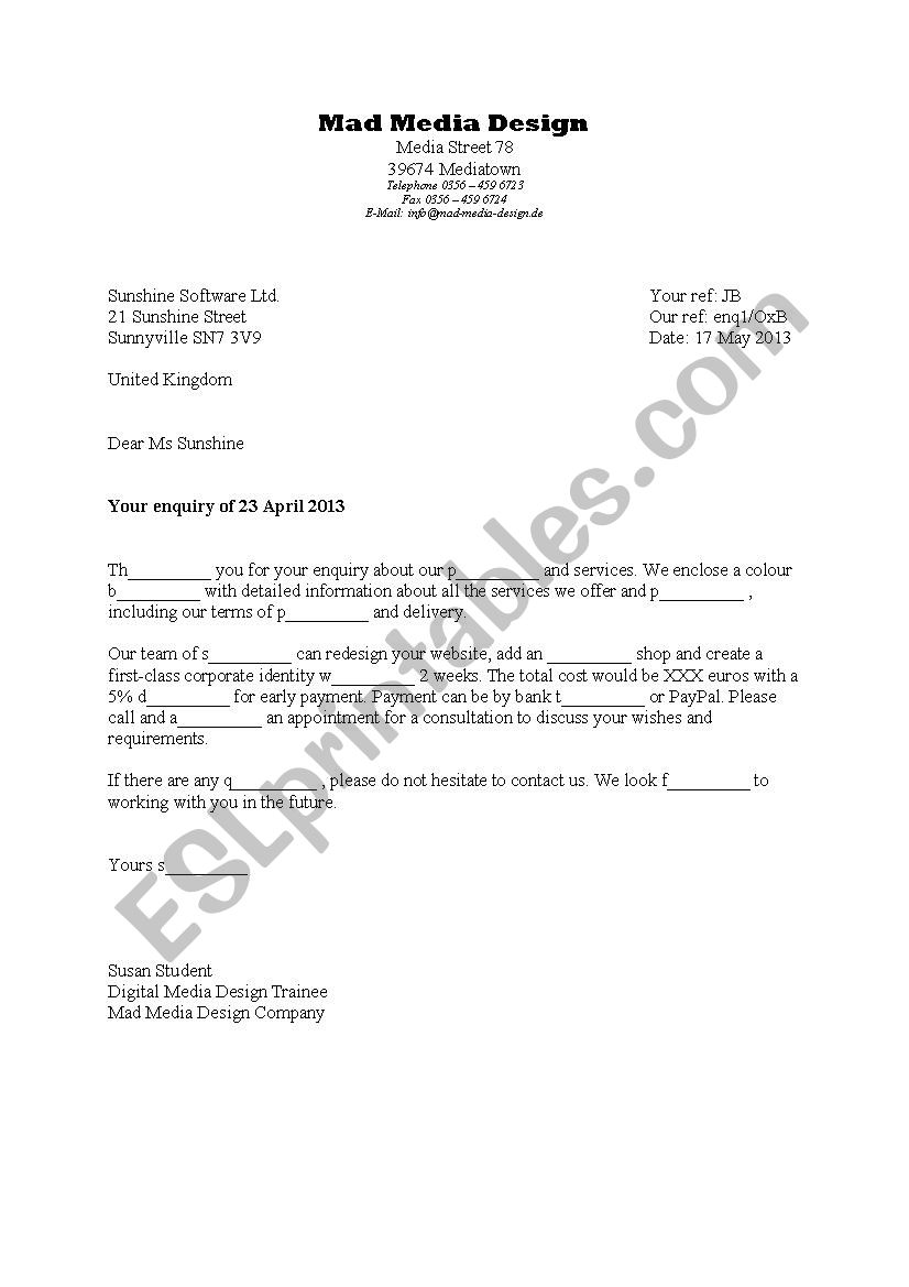 Business Letter for Media Designers  Offer