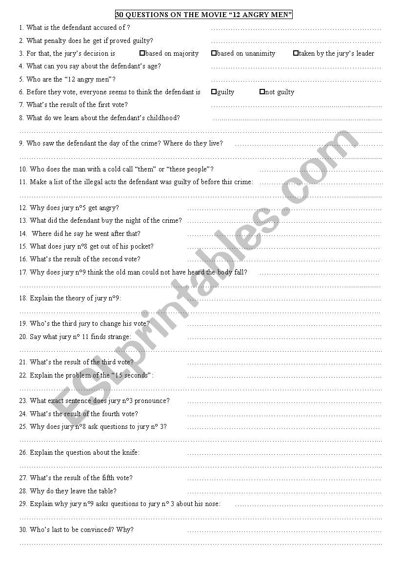 12 ANGRY MEN worksheet