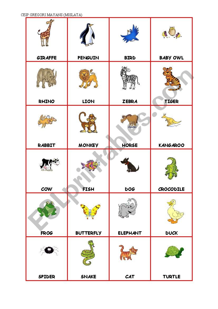 animal bingo worksheet