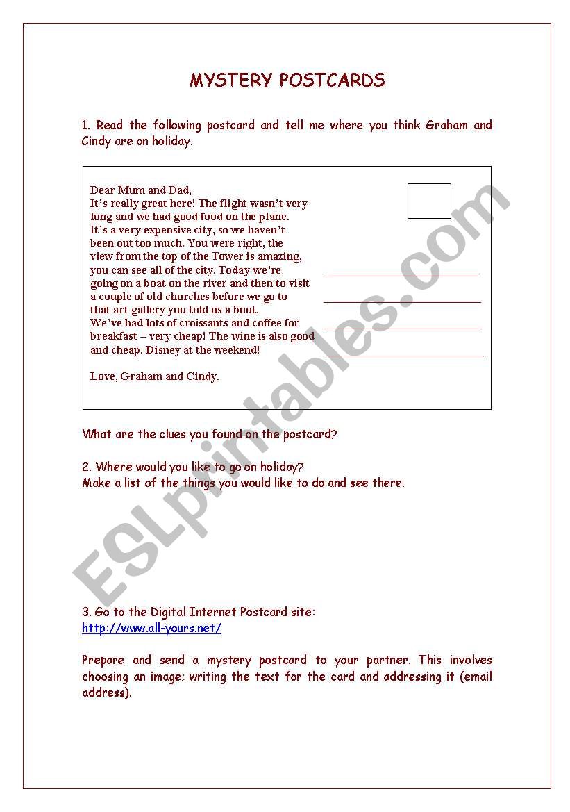 Mistery postcards worksheet