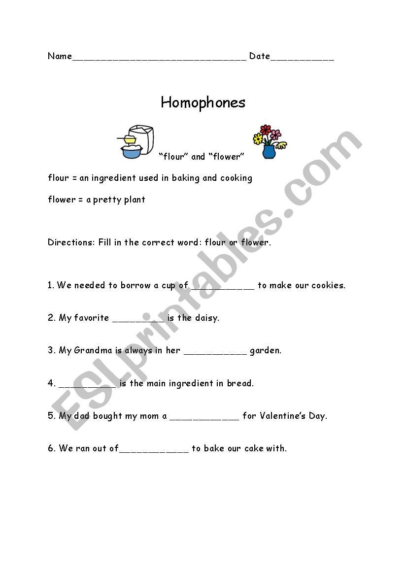 Homophones: flower and flour worksheet