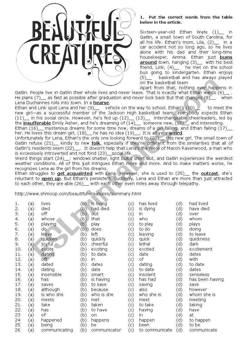 Beautiful Creatures worksheet