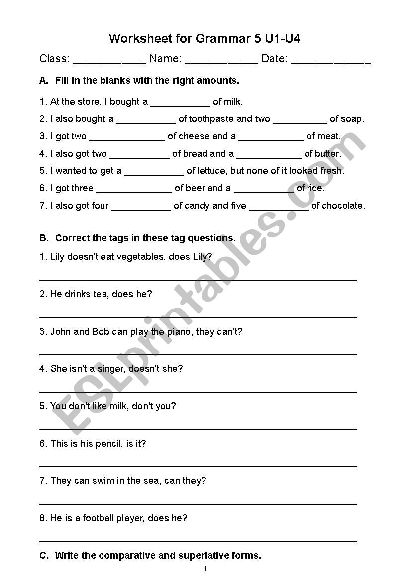 grammar test worksheet