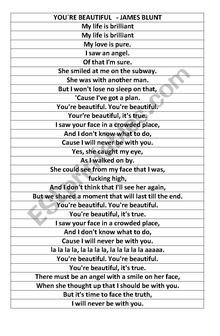 Song You are beautiful worksheet
