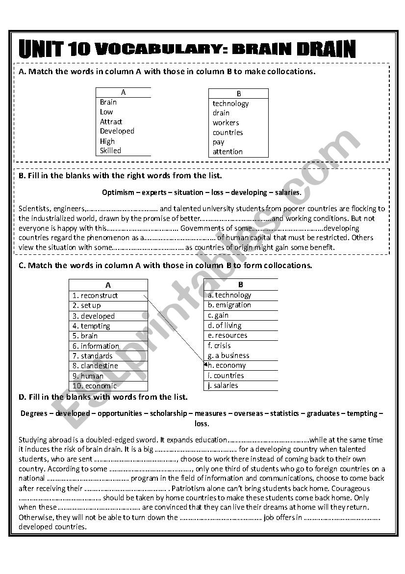 Brain drain vocabulary worksheet