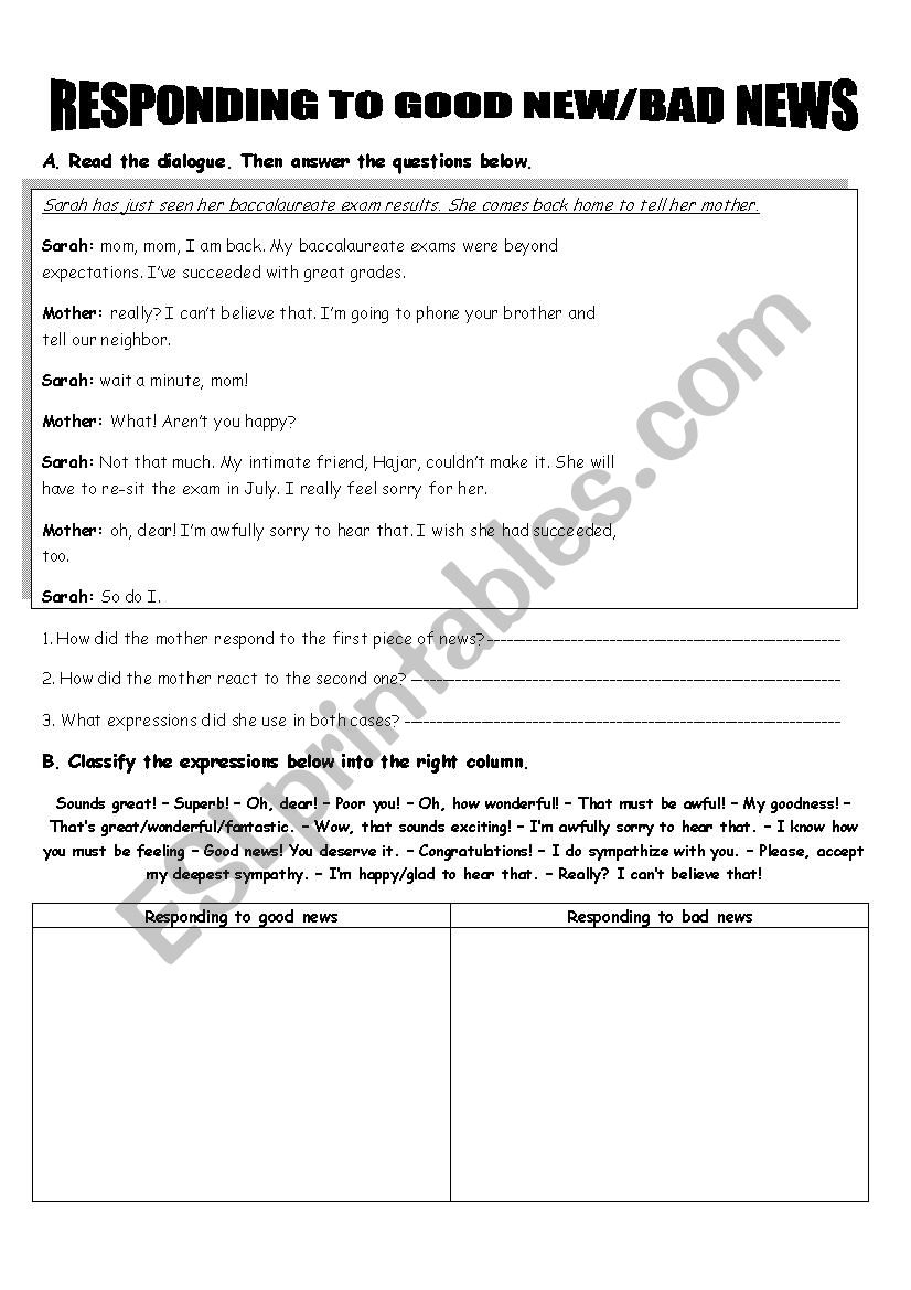 Good News/ Bad News worksheet