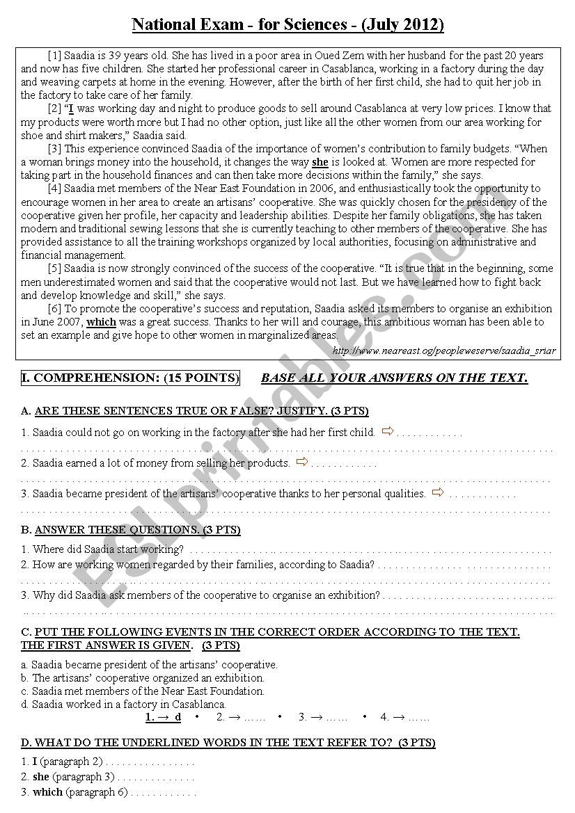  National Exam - for sciences - (July 2012)